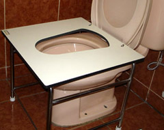 toilet squatting platform in use with sitting toilet